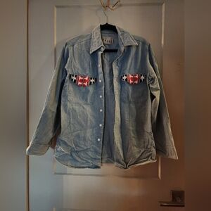 Denim Shirt with Patterned Pockets